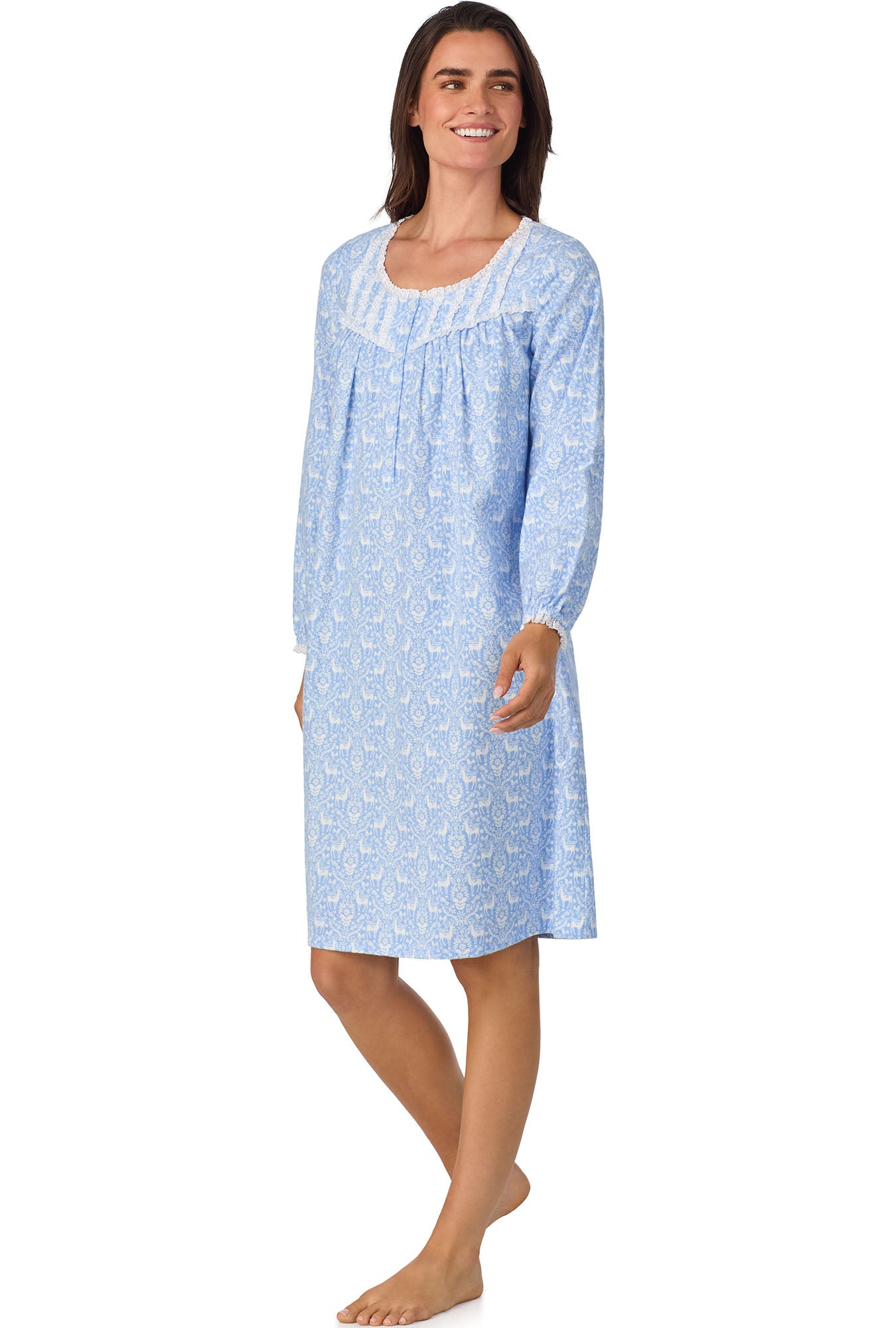 A lady wearing Blue Nordic Tyrolean Waltz Flannel Gown