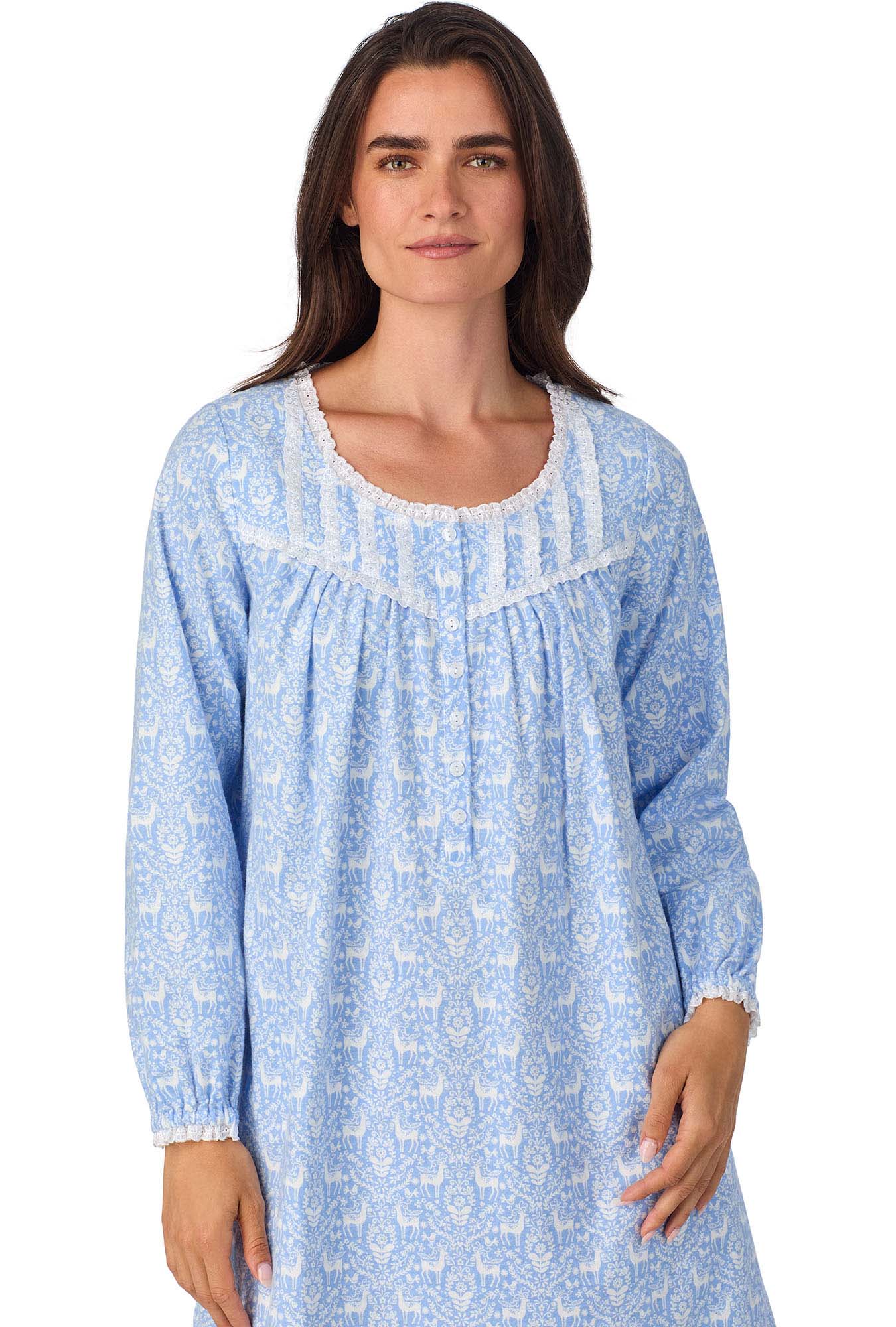 A lady wearing Blue Nordic Tyrolean Waltz Flannel Gown
