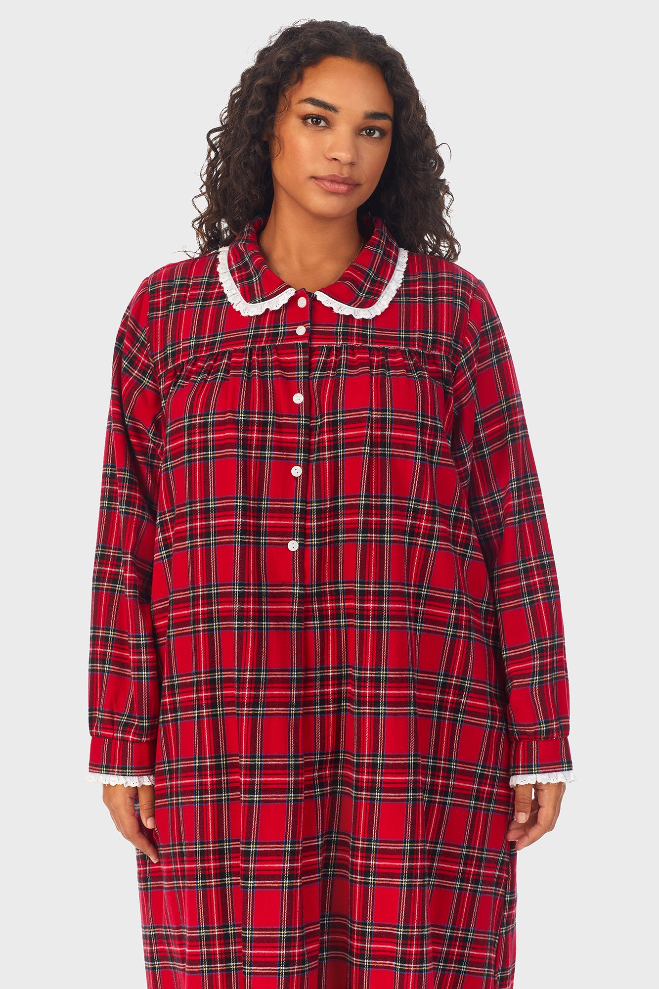 A lady weraing red Tartan Peter Pan Flannel Gown Plus