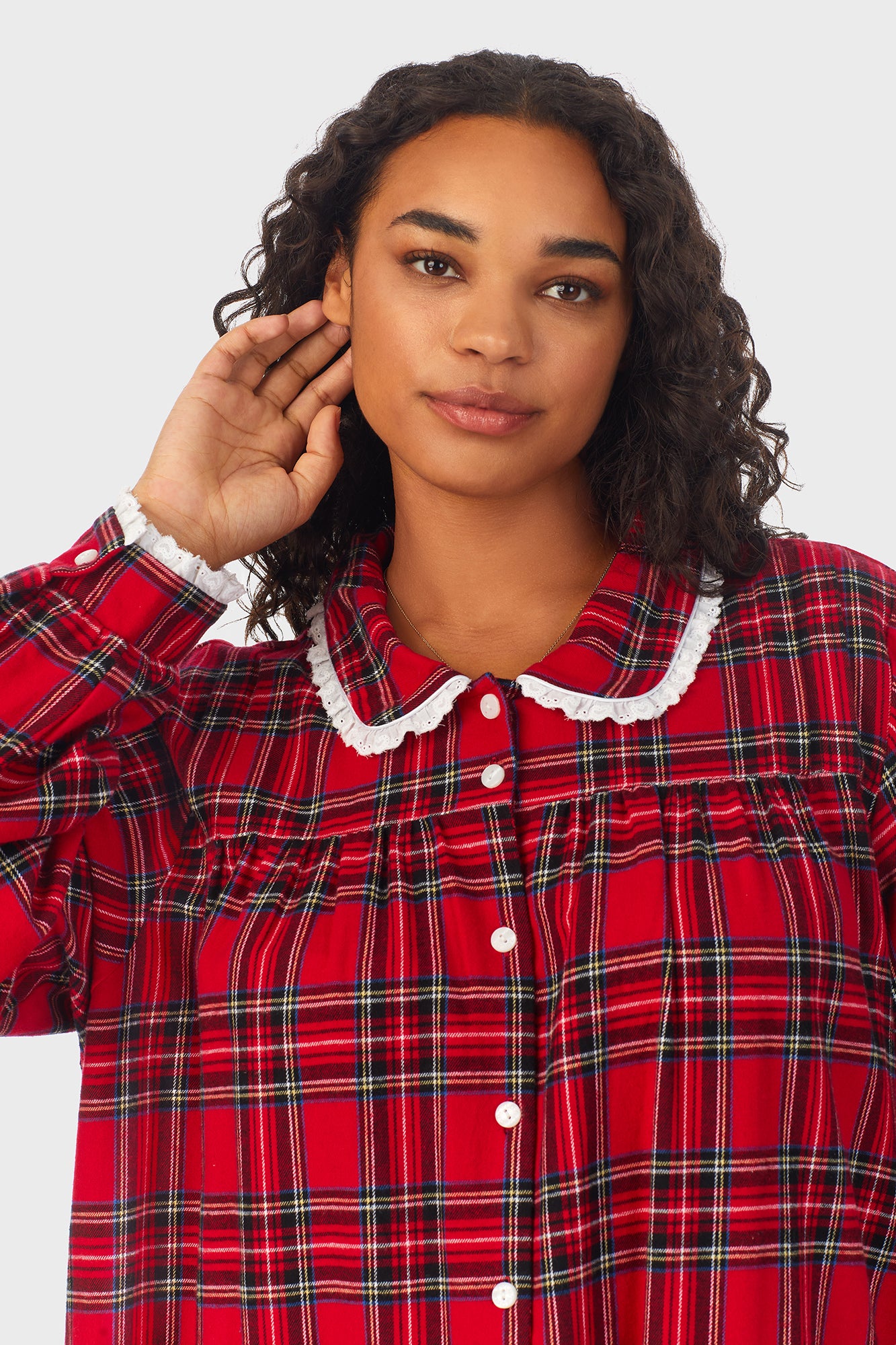 A lady weraing red Tartan Peter Pan Flannel Gown Plus