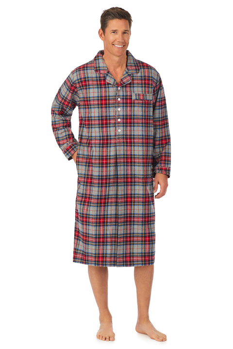 A man wearing a grey plaid long sleeve classic nightshirt.
