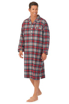 A man wearing a grey plaid long sleeve classic nightshirt.