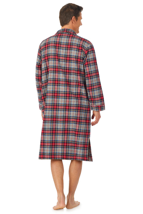 A man wearing a grey plaid long sleeve classic nightshirt.