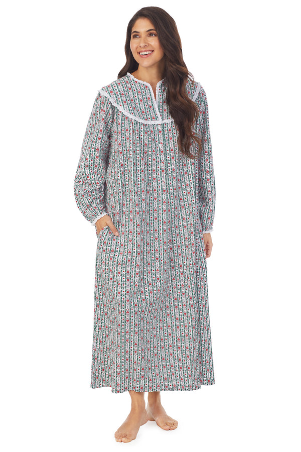 A lady wearing hunter tyrolean long sleeve flannel gown.