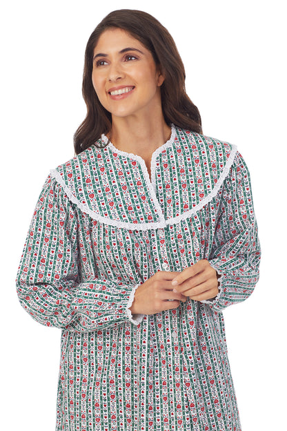 A lady wearing hunter tyrolean long sleeve flannel gown.