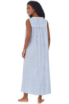 back view of A lady wearing blue long nightgown with pink heart pattern