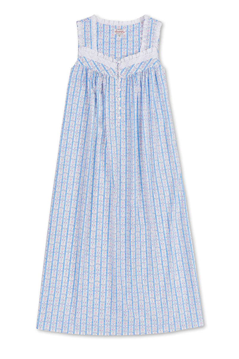A blue long nightgown with pink heart pattern